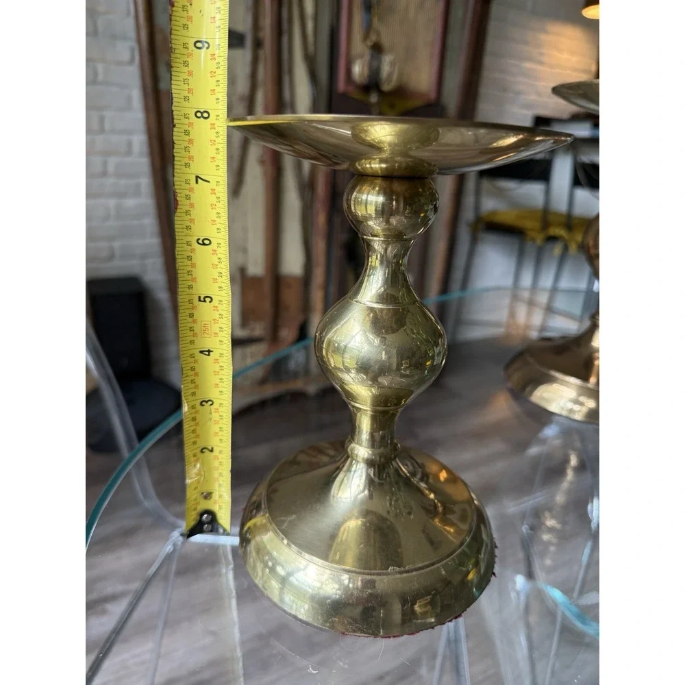 Vintage Solid Brass Bulb Pillar Candle Holders Pair Graduated Hollywood Regency